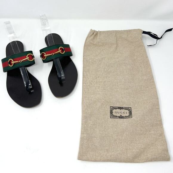 Gucci Web Horsebit Black Leather Thong Sandals Green‑Red Strap 38.5 EU - Picture 9 of 10